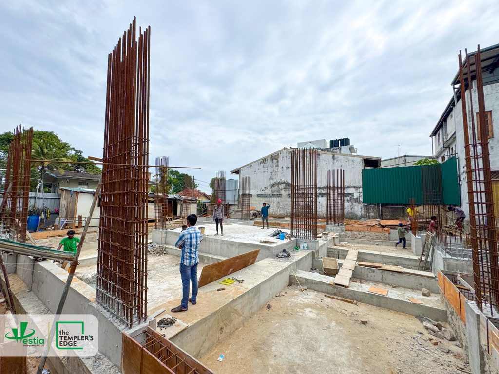 Construction progress at The Templer’s Edge with rubble and plinth work completed, marking steady advancement of the project.